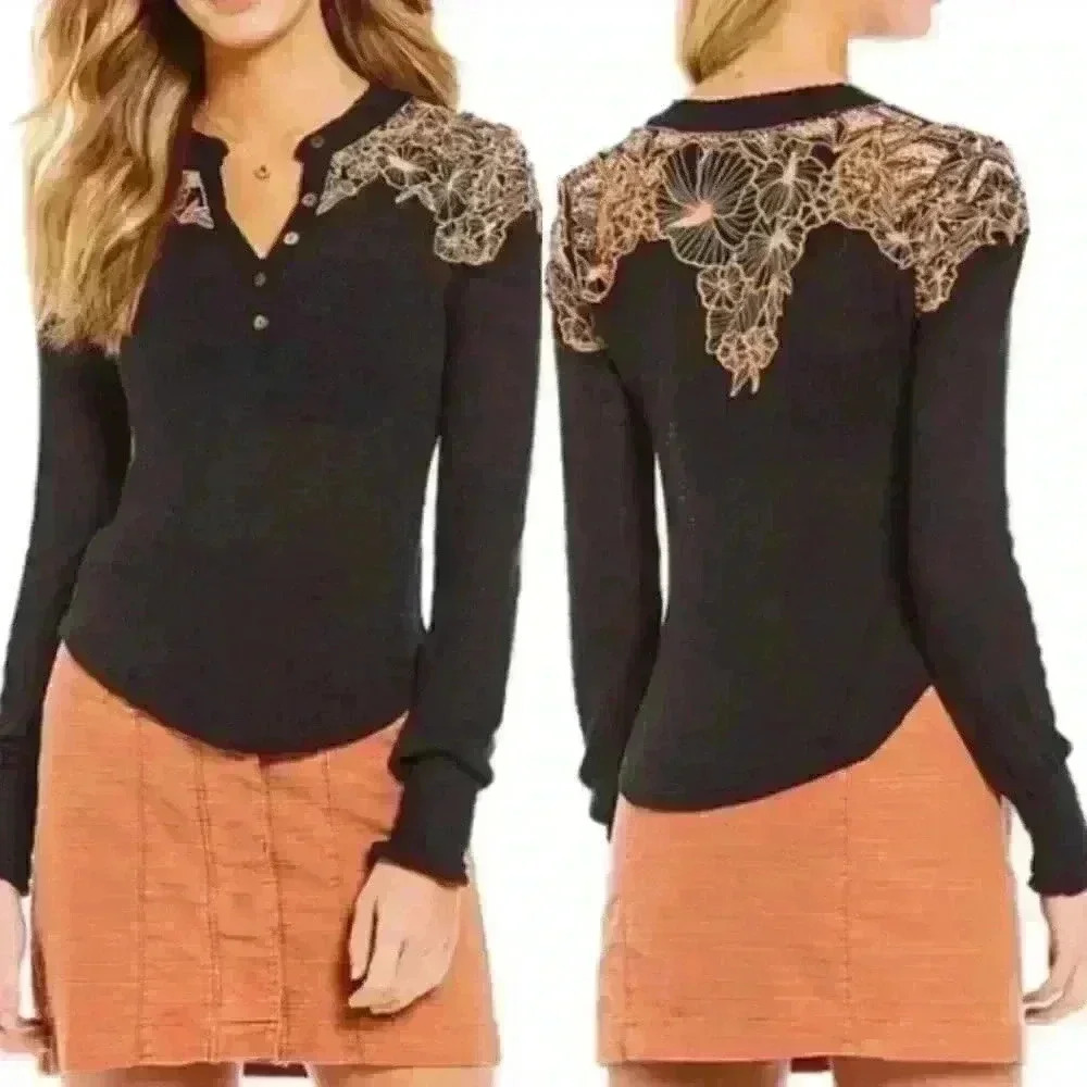 Free People Boho Black Gauze Thermal Embroidered Long Sleeve Top  size XS
